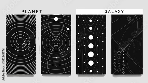 Four abstract designs representing planets and galaxies with circular motifs
