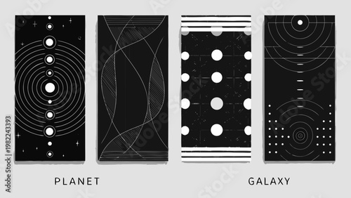 Four black and white abstract panels with celestial and orbital designs