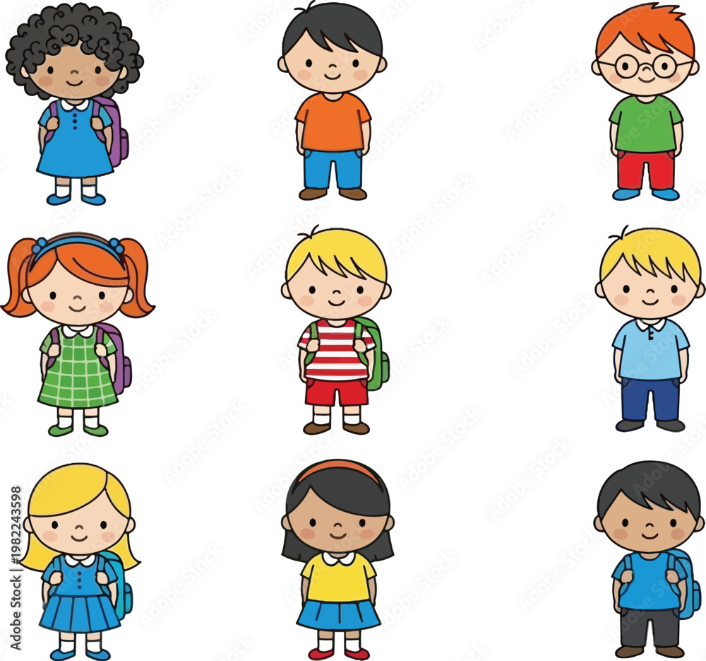 Fototapeta premium Cute School Kids Characters Set with Diverse Children, Students with Backpacks, Cartoon Style Boys and Girls Collection for Education Vector Illustration