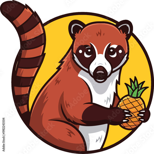 Cute cartoon coati holding a fresh pineapple fruit.