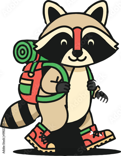 Cute cartoon raccoon character going hiking with a backpack and sleeping mat.