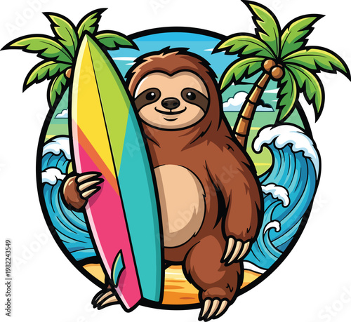 Cute cartoon sloth character holding a colorful surfboard.