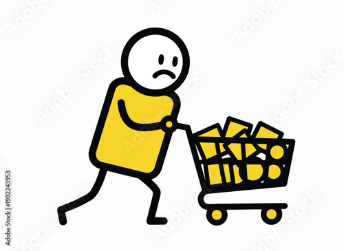 Sad stick figure pushing full shopping cart overflowing with money sad face and disappointment shopping.