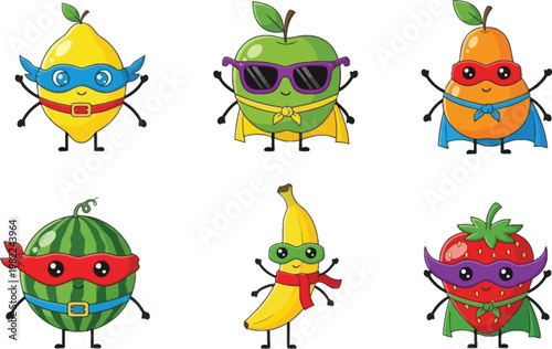 Superhero Fruit Cartoon Characters Set with Apple, Banana, Strawberry, Watermelon and Lemon, Cute Funny Mascot Collection Vector Illustration