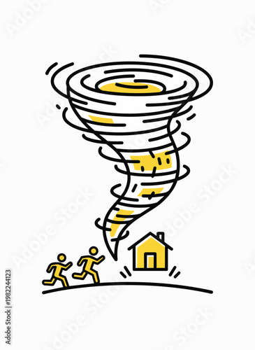 People running from tornado storm house in background natural disaster cyclone wind chaos danger.