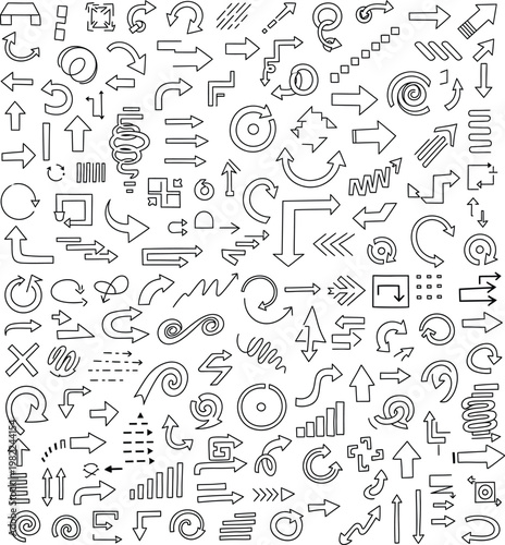 Large set of diverse arrow graphics and symbols for design elements with hand drawn black and white background graphics elements collection