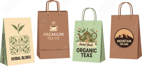 Vector Illustration of Various Paper Shopping Bags for Organic Tea Featuring Herbal Blends Mountain Oolong and Premium Tea Branding Designs,