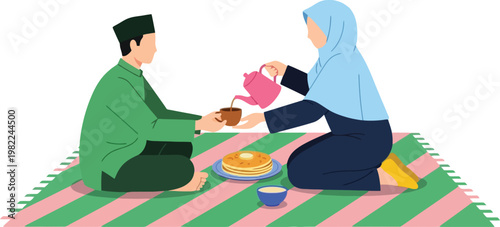 Muslim Couple Sharing Meal at Home, Traditional Lifestyle, Family Bonding and Hospitality Concept with Tea Serving and Food Vector Illustration