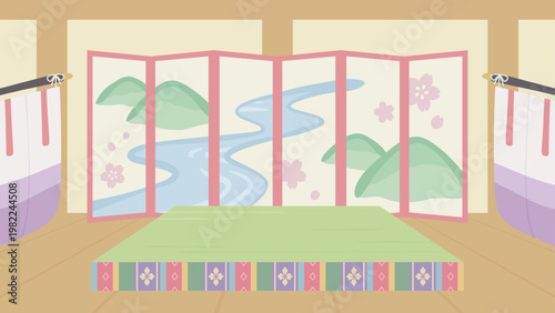 寝殿造の部屋の背景イラスト_赤_16:9