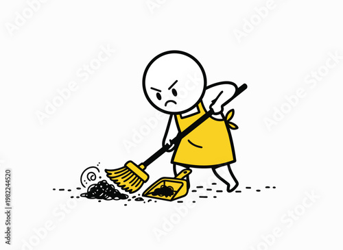 Annoyed person in apron sweeping floor with broom and dustpan chore symbol.