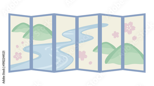 山と川の風景が描かれたかわいい屏風のイラスト素材