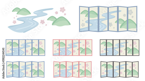 山と川の風景が描かれたかわいい屏風のイラスト素材セット
