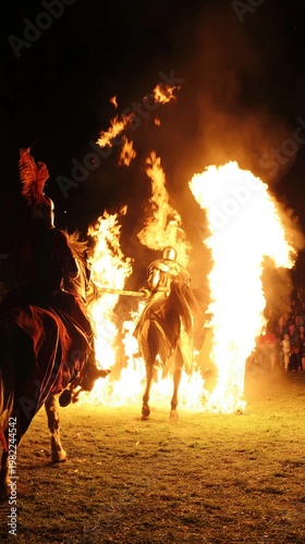 Knights Engage in Horse Drawn Lance Combat During Dramatic Tournament at Night