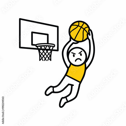 Aggressive basketball player dunking ball into hoop in competitive basketball game.