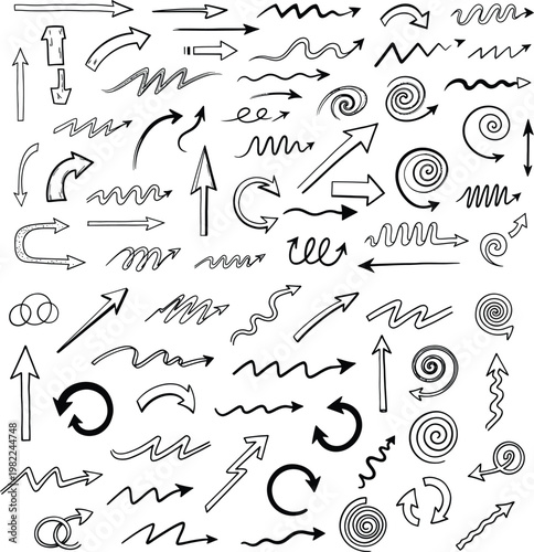 Variety of hand-sketched arrows and pointers with hand drawn web design direction illustration collection movement straight circular arrowhead