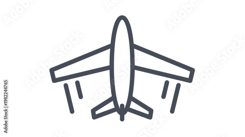 Minimalist airplane vector icon illustration featuring a top-down view of a flying aircraft with motion lines, perfect for travel, aviation, transport, and tourism graphic design projects.