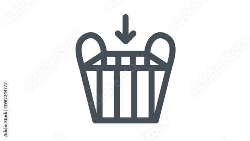 Minimalist black vector icon of a shopping basket with a downward arrow, representing the action of adding items to a cart for e-commerce, retail, and online shopping. Scalable illustration.