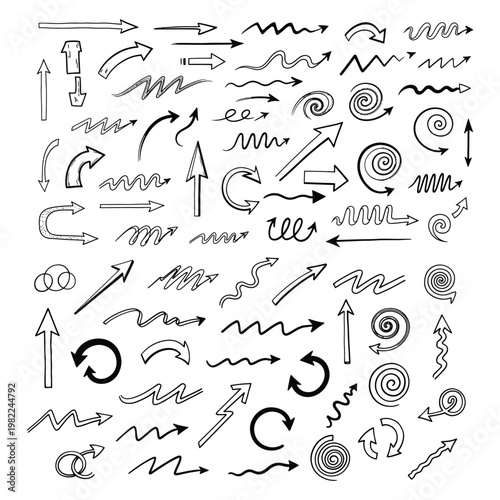Assortment of hand-drawn arrows for design projects with web design direction illustration collection movement straight circular arrowhead