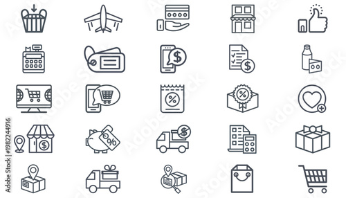 25 Black Vector Icon Set Collection Bundle: Minimalist Symbols for E-commerce, Business, Finance, Shopping, Delivery, Logistics, Retail, Banking, Travel, Social Media, and Digital Marketing Apps.