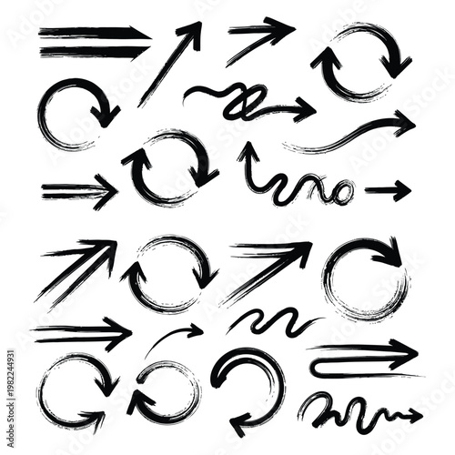 Collection of hand drawn arrows and circular arrows in black ink with circular arrow brush stroke white background direction movement previous