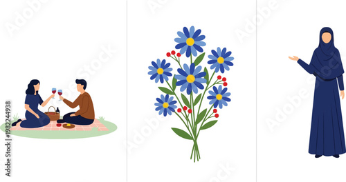 Islamic Culture Elements Set with Muslim Woman, Traditional Dress, Couple Picnic and Floral Decoration, Cultural Lifestyle and Religion Concept Vector Illustration