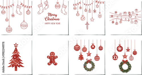Merry Christmas and Happy New Year greeting card collection with red ornaments gingerbread man wreaths stockings and festive holiday decorations, vector illustration.