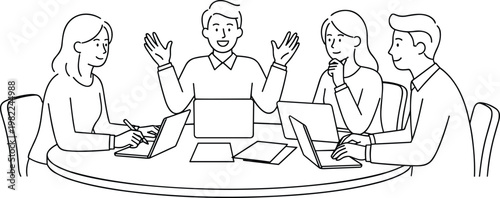 Successful business team having an enthusiastic brainstorming meeting around a round office table with laptops and documents in minimalist line art vector.