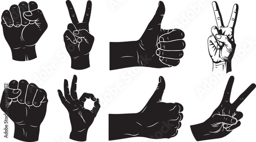 Hands displaying a thumbs up and peace sign in black and white Silhouette vector