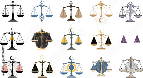 Libra zodiac sign vector collection featuring aesthetic balance scales with mystical moon and sun celestial elements for astrological horoscopes and spiritual designs