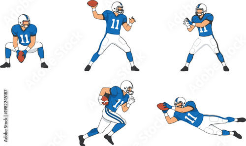 American Football Player Action Set with Running, Passing, Catching and Tackling Poses, Sports Athlete Collection for Game and Training Vector Illustration