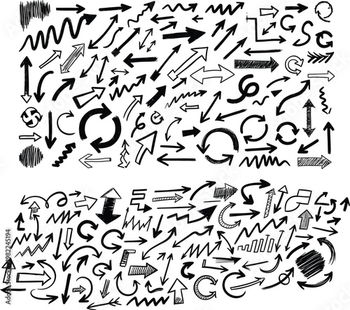 Huge collection of hand-drawn doodle arrows in various directions, black sketch style pointers, different shapes for navigation and UI design elements