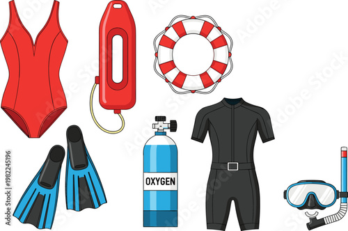 Water Safety and Scuba Diving Equipment Set Featuring Life Jacket, Oxygen Tank, and Diving Gear for Beach and Pool Safety