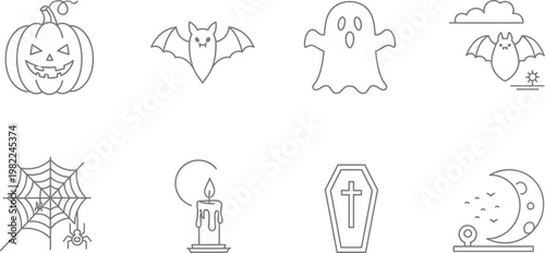Halloween icons, spooky symbols, line art set, 8 black and white illustrations