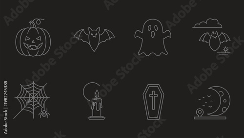 Halloween icons, spooky symbols, white line art, 8 vector graphics