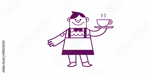 A simple illustration of a waiter serving a steaming cup of coffee
