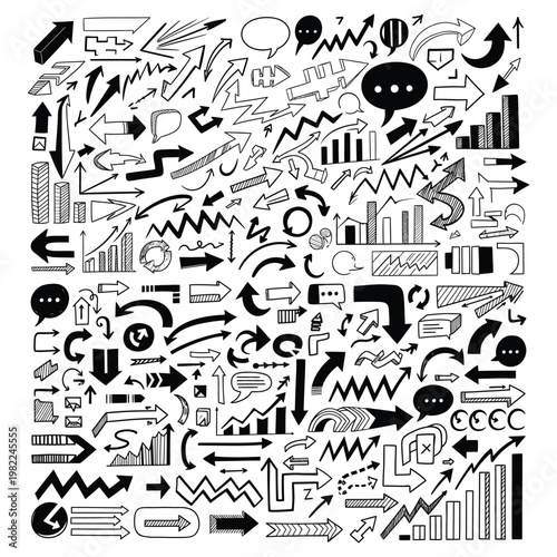 Hand-drawn doodle arrows speech bubbles graph bars scribble elements collection with speech bubble direction communication infographic business