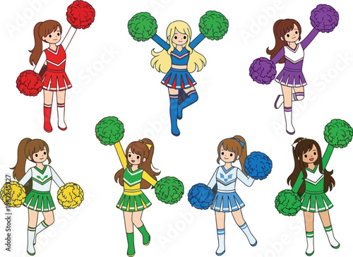 Cheerleader Girls Set with Pom Poms, School Spirit Dance, Team Support and Cheerleading Performance in Cute Anime Style Vector Illustration Collection