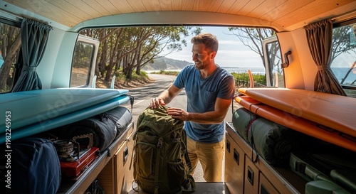 Packing Camper Van with Travel Gear for Road Trip