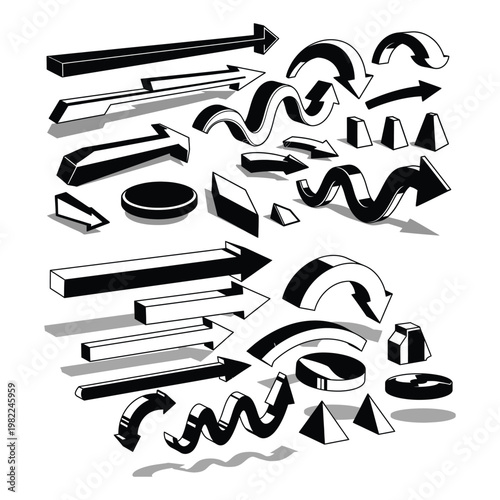 Collection of volumetric 3D arrows and geometric design elements with cast shadows geometric collection direction straight cylinder abstract
