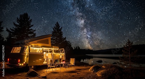 Camper Van with String Lights Under Starry Night Sky