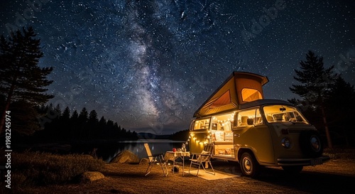Camper Van with String Lights Under Starry Night Sky