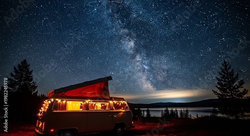 Camper Van with String Lights Under Starry Night Sky