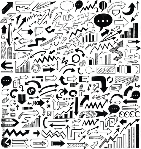 Extensive set of hand-drawn doodle arrows infographic elements speech bubbles business charts black sketchy icons for UI and data visualization