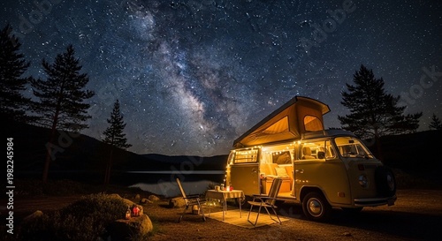 Camper Van with String Lights Under Starry Night Sky
