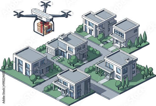 Isometric Illustration of a Delivery Drone Carrying a Package over a Modern Suburban Neighborhood; Autonomous Shipping and E-commerce Logistics Concept