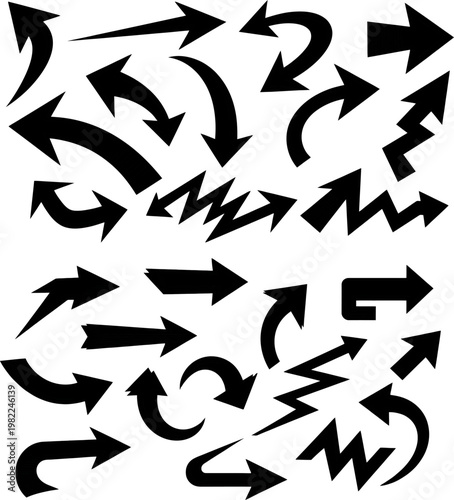 Set of diverse black arrow icons symbols pointers with sharp angles and jagged lines indicating various directions and processes direction