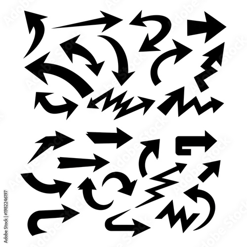 Set of diverse black arrow icons symbols pointers with sharp angles and jagged lines indicating various directions and processes direction