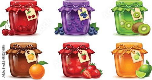 Fruit Jam Jars Collection with Strawberry, Blueberry, Kiwi, Orange and Cherry Preserves, Homemade Organic Sweet Food Packaging Vector Illustration
