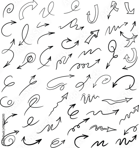 Hand-drawn sketchy black arrow doodles and symbols with various directions and curved lines on a white background line art direction indicator