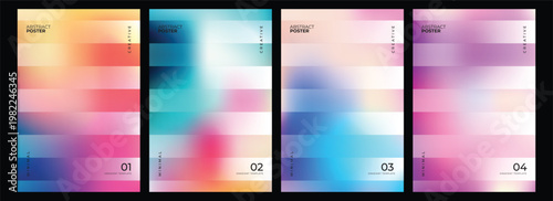 Abstract gradient cover designs featuring deep blue and warm orange blurred colors with minimalist typography for yearly reports